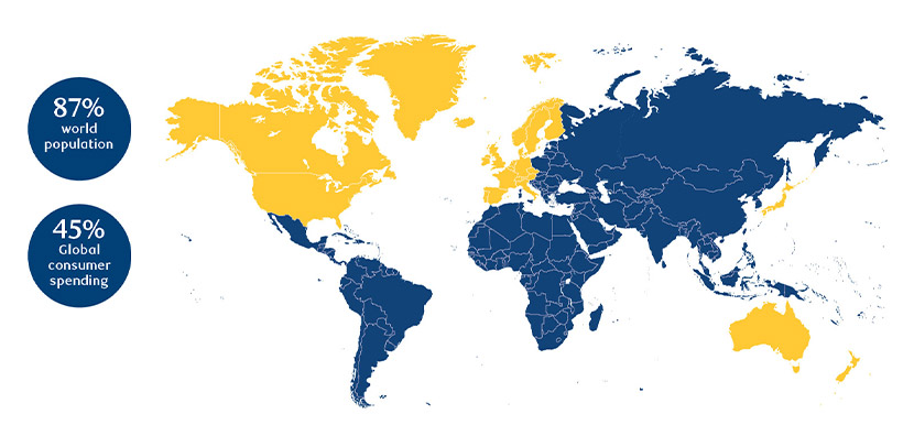 Map showing emerging market debt spans a wide range of countries